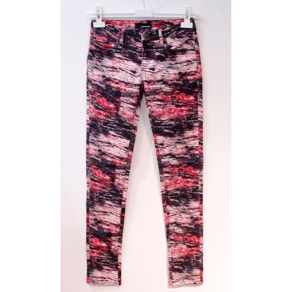 $215 THE KOOPLES Wood Print JEANS Skinny Slim SKIN Skull Buttons RED BLACK Multi - Picture 5 of 6